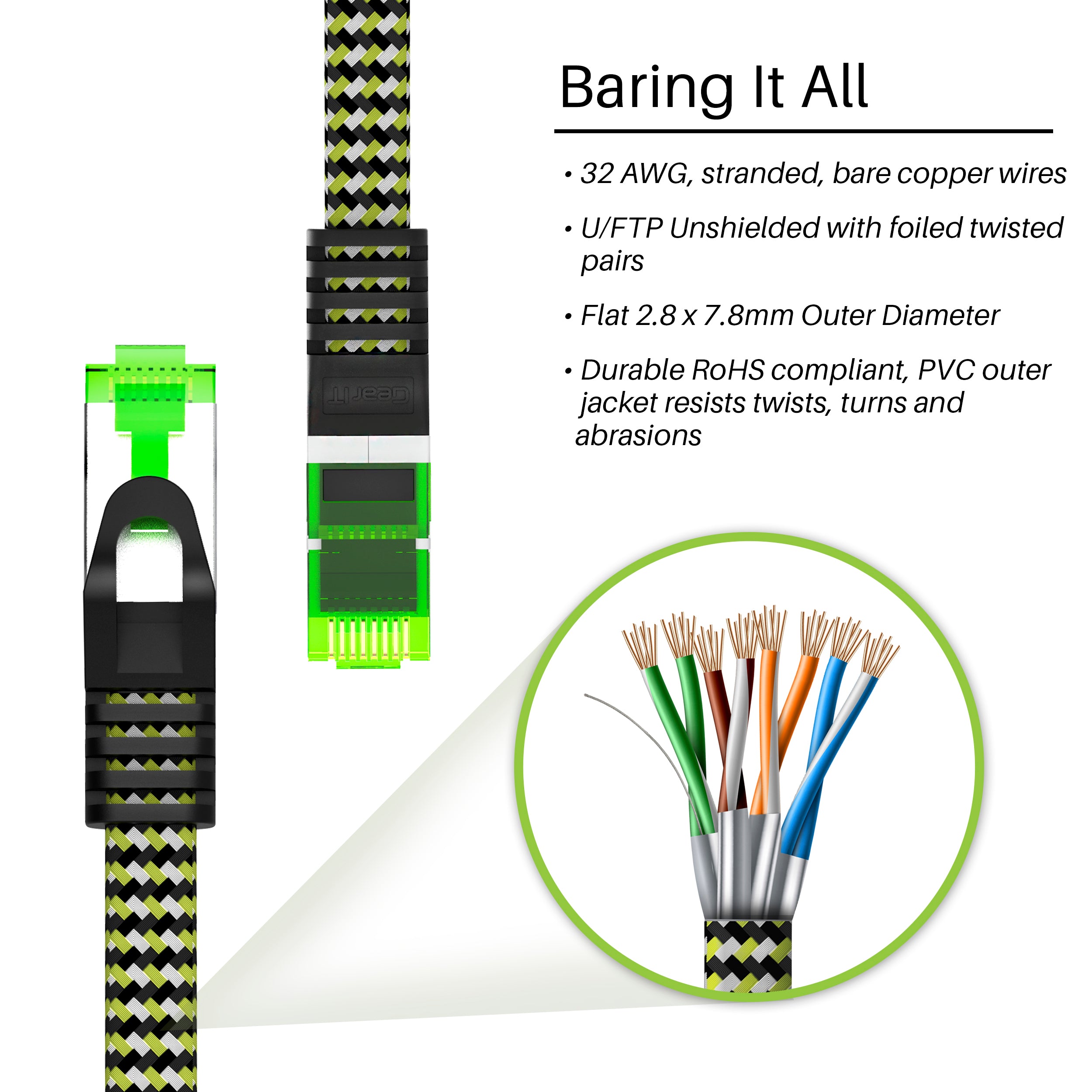 GearIT Cat 7 Ethernet Cable 10 Feet - 32 AWG Flat Patch Cable - Nylon Braided Single Pack