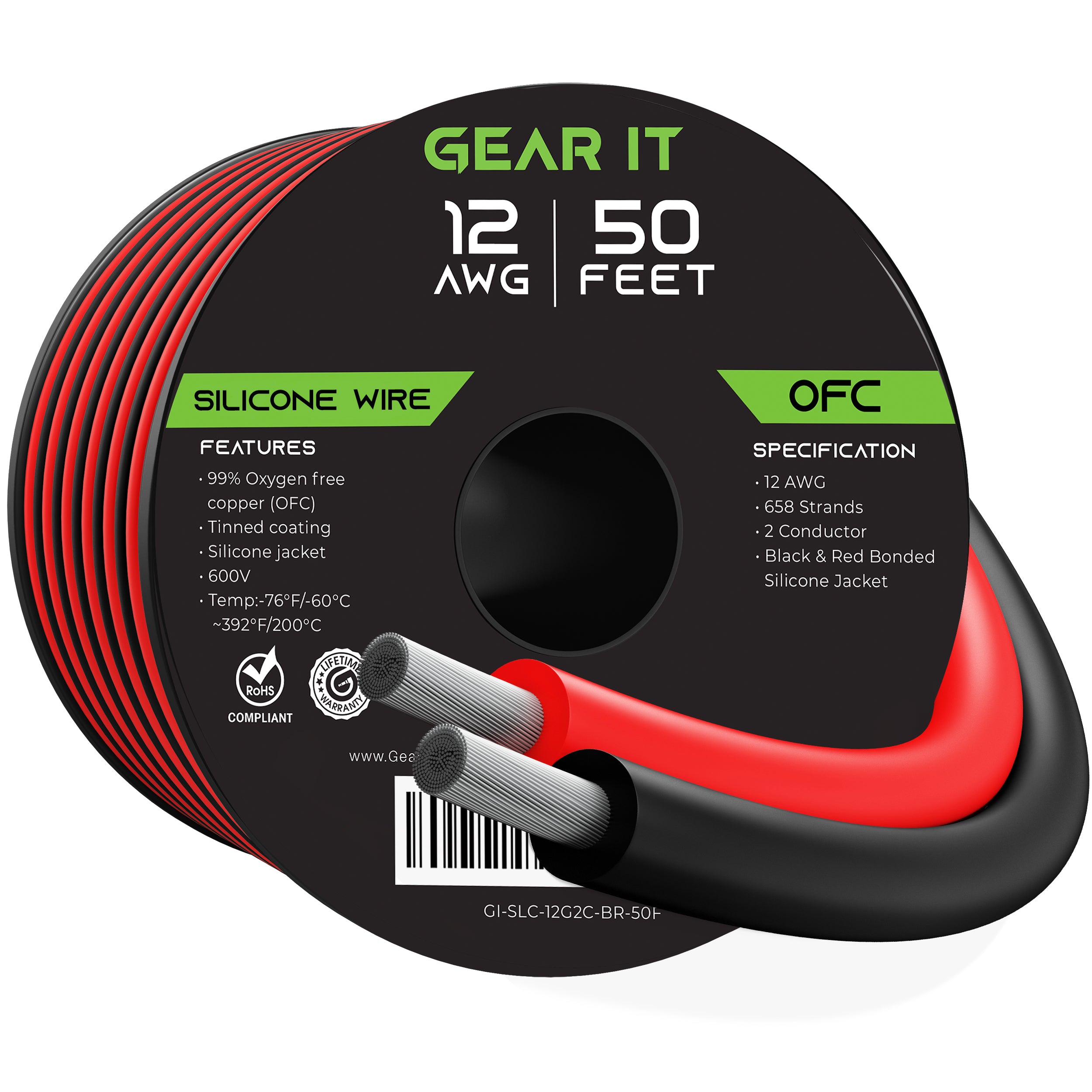 GearIT 12 Gauge Silicone Wire 600V (Bonded Black/Red - 100 Feet) 12AWG Tinned OFC Oxygen Free Copper Stranded Soft Flexible Wires for Primary