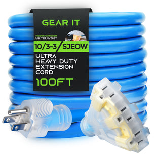 10/3 Outdoor Extension Cord 100 Feet Triple Outlet - SJEOW - Extreme Weather Resistant - 10 Gauge 3 Prong, Blue