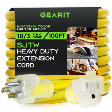 GearIT 10/3 Outdoor Extension Cord 100 Feet - SJTW - Weather Resistant - 10 Gauge 3 Prong, Yellow GearIT