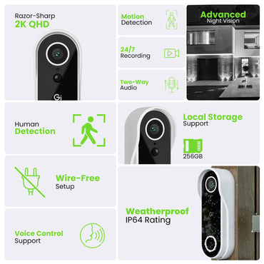 GEARit Smart Video Doorbell - Wireless 2K QHD Video Camera - IP65 Weather-Proof, Motion Detection, 2 Way Audio