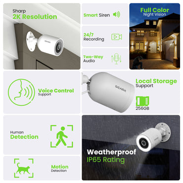 GEARit Wifi Outdoor Security Camera - 2K Video, IP65 Weatherproof, Motion Detection, Night Vision