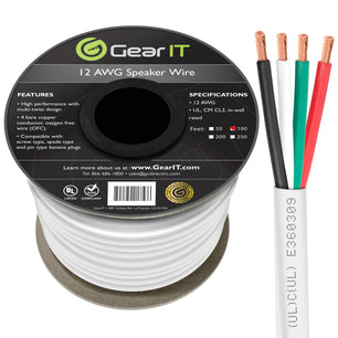 12 AWG In Wall Speaker Wire 4-Conductor Bi-Wire Cables - CL2 Rated - Oxygen Free Copper (OFC), White