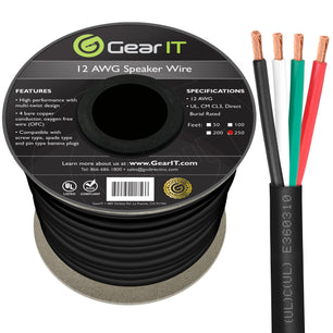 12 AWG Direct Burial Speaker Wire 4-Conductor Bi-Wire Cables - CL3 Rated - Oxygen Free Copper (OFC), Black