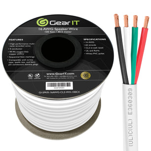 16 AWG In Wall Speaker Wire 4-Conductor Bi-Wire Cables - CL2 Rated - Oxygen Free Copper (OFC), White