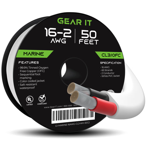 GearIT 16 AWG Marine Speaker Cable - 2-Conductor Tinned Copper Wire OFC - Electrical Grade, White GearIT