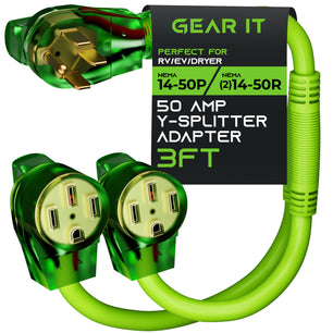 50 Amp NEMA 14-50P to Dual NEMA 14-50R Splitter Power Cord Adapter - 4 Prong STW 6/3, 8/1 AWG