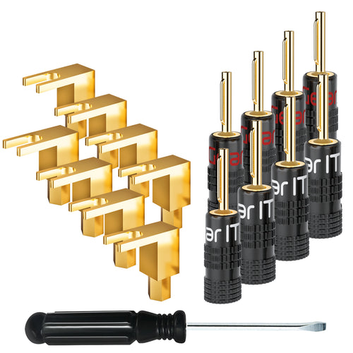 GearIT 4 Pairs Banana Plugs and 4 Pairs Right Angle Spade Plugs - Spade to Banana Plug Adapter, 8 Pairs 16 Pieces - GearIT